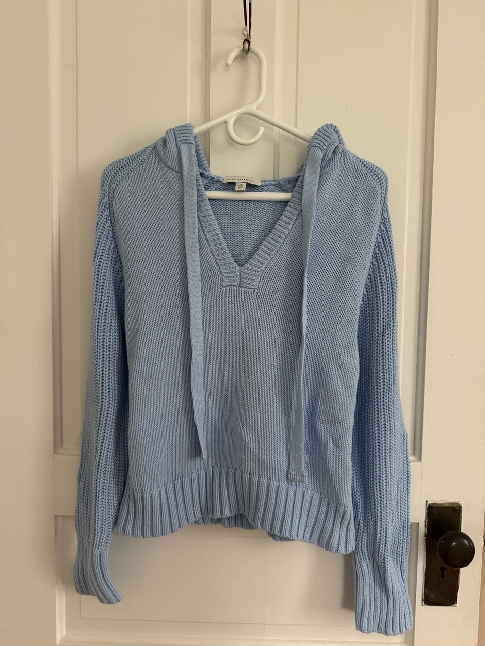 Light Blue V-Neck Hooded Knit Sweater